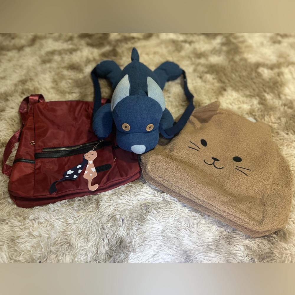 3 NEW Kids Backpacks - Plush Blue Dog, Fuzzy Kitty, Red with Cat Hangtags